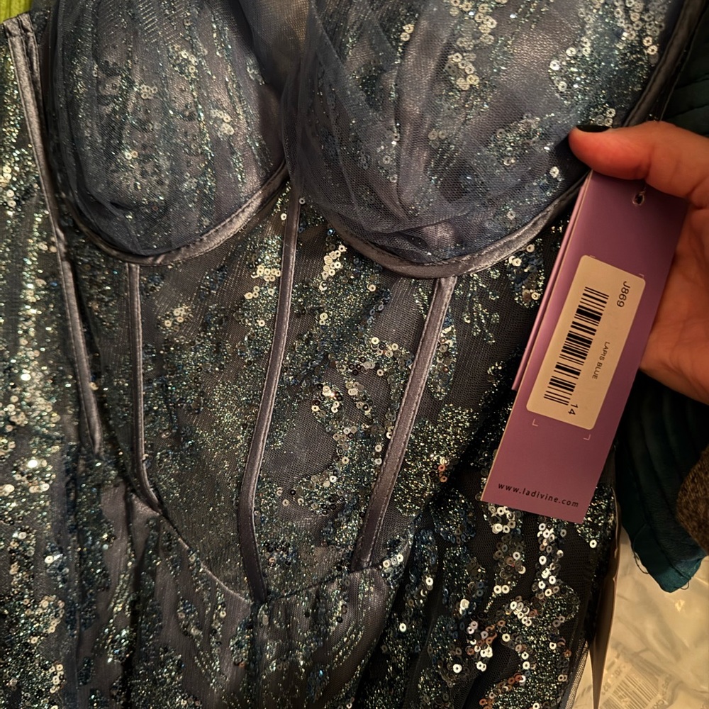 NWT LaDivine Lapis Blue Sequin Evening Gown J869 - Picture 5 of 5